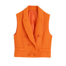 Textured Short Sleeveless Vest Jacket Double Breasted Slim Fit Suit Collar Vest Ladies Short Orange