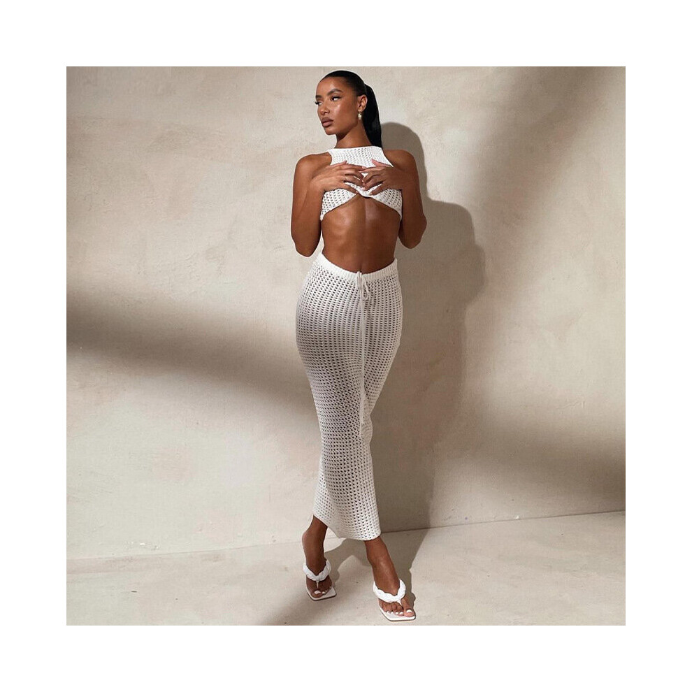 High Waist Knitted Dress Two Piece Set Beach Spring / Summer Backless Lace Up Dress Sexy Hollow Out Long Dress for Party-image-OPC-PBWMYQZ-NEW