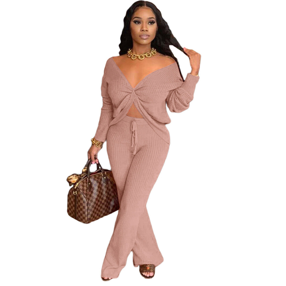 Womens Sexy 2 Piece Jumpsuit Outfit Ribbed Reversible V Neck Long Sleeve Top and Wide Leg Pant Set-image-OPC-PBWMYPZ-NEW