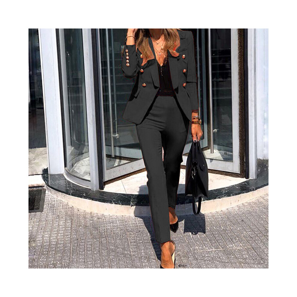 Womens 2 Pieces Pocket Blazers Set Work Office Outfits Open Front Long Sleeve Jackets Pants Business Suit-image-OPC-PBWN66S-NEW