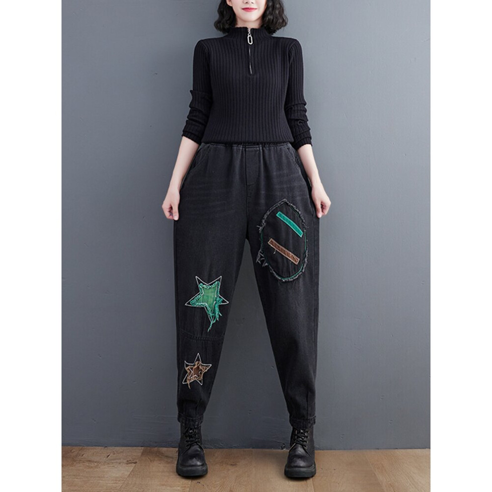 (Black Pant Black-XXL) Oversized Autumn Vintage Women Denim Casual Loose Print Harem Pants Ladies Korea Large Size Woman JeanTrousers-image-OPC-PBWN6NP-NEW