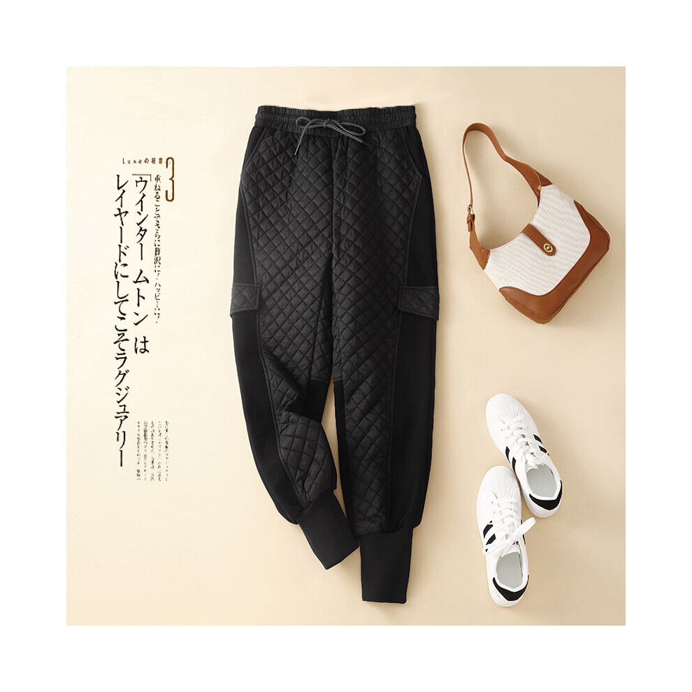 (Black-L) Autumn And Winter Retro Stitching Casual Pants Womens Elastic Waist Harem Pants Solid Drawstring Straight Trousers-image-OPC-PBWN6VX-NEW