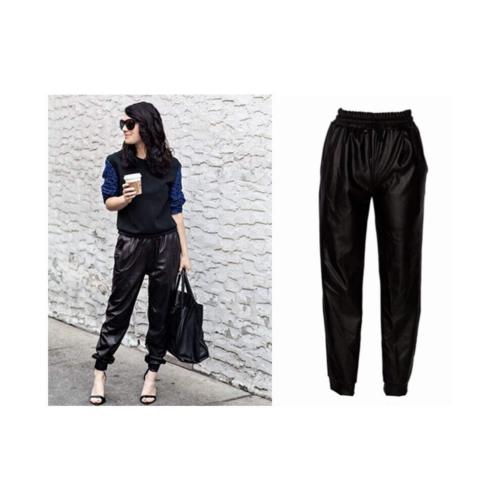 (Black-XL) Faux Leather Joggers Women Loose Jogger Pants Hip Hop Street Wear Harem Pants Women