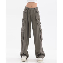 (1 Beige-XXL) American Hiphop Multi-pocket Solid Overalls Women Autumn/Winter High Street Straight Wide-leg Pants