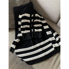 Casual Striped Knitted 2 Piece Set Women Sweater Cardigan Tops + Long Skirt Sets Female Sweet Two Piece Suits