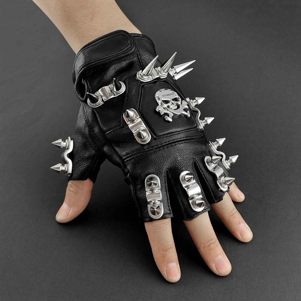 Rivet Leather Mens Gloves Skull Trucker Motorcycle Rock Biker Fingerless Gloves Multicoloured 885658120467