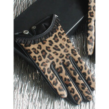 (MULTI-L) Womens Short Leather Gloves Lace Edge Leopard Sheepskin Gloves Clothing Accessories Autumn Tide 17A4218