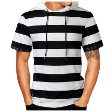 Mens Striped Tops Shirt Short Sleeve Blouse Casual Hooded Loose Shirt Blouse Pullover Sports T-Shirt Top