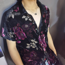 Transparent Floral Shirt Masculine Velvet Slim-fit Shirt Mens Short-sleeved Clothing See-through Nightclub Purple Shirt