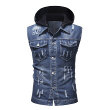 Mens Four Seasons Products Mens Hole Decorated Button Hood Denim Vest 4 Colors M-XXL