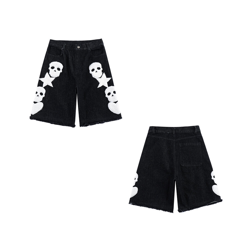 Retro Skull Stars Embroidery Distressed Summer Denim Shorts Mens High Street Washed Ripped Casual Jeans Five Point Pants-image-OPC-PBWNDPC-NEW