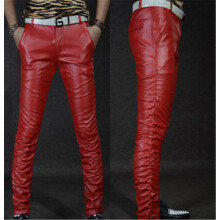 PU Winter Line Sexy Red Slim Tight Male Leather Pant Men Motorcycle Skinny Biker Trouser Leather Jogger