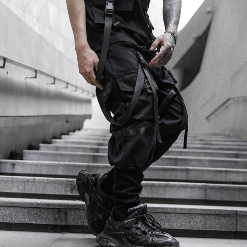 Mens Casual Ribbons Techwear Cargo Pants With Many Pockets Man Harajuku