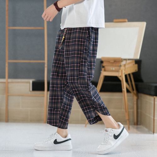 Clothing Plaid Cropped Pants Mens Chinese Style Oversized Thin