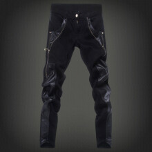 Mens Zipper Motorcycle Leather Pants Slim Skinny splice Leather Pants Mens Denim Pants