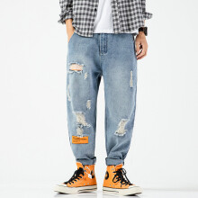 Spring And Summer Lace-Up Labeling Nine-Point Jeans Mid-Waist Solid Multi-Pocket Casual Trousers