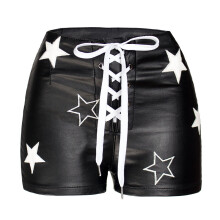 Night Club Style Sexy plus Velvet Elastic Metal Hole Tied Rope Shorts