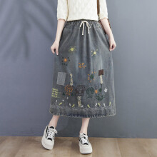 Elastic Waist Patchwork Embroidery Floral Denim Skirts Autumn Casual All Match Loose Pockets Female Skirts