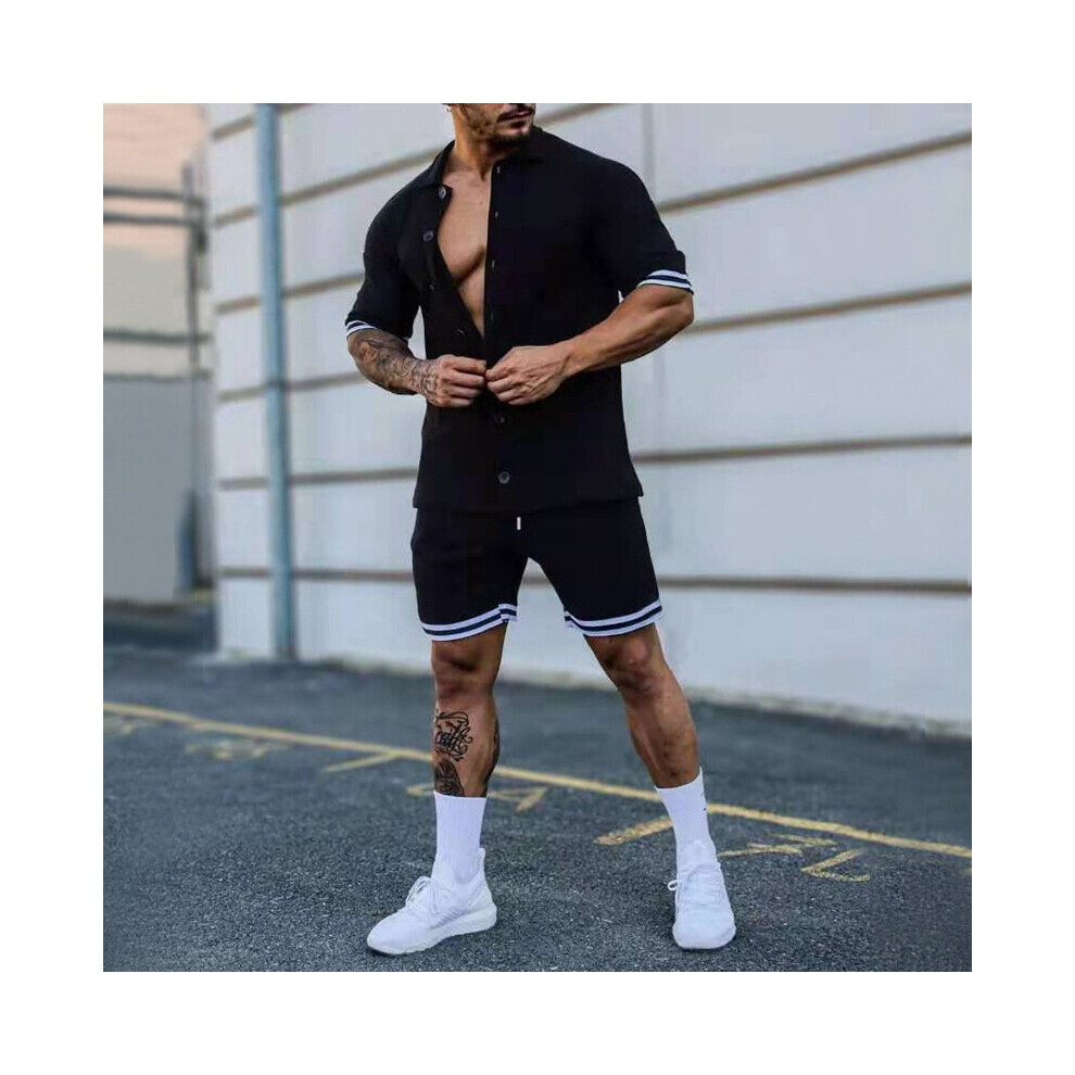 solid lapel mens short-sleeved shirt POLO shirt button-up mens shorts mens suit-image-OPC-PBWNJ7C-NEW