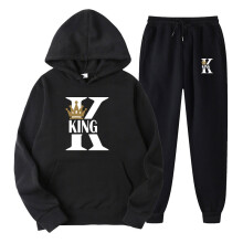 King and Queen Print Tracksuit Casual Unisex Lover Hooded Tops and Sweatpant Set Solid Jogging Suit for Couples