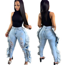 Women Jeans Ripped Hole Side Ruffles Mid Waist Pockets Zipper Stretchy Skinny Pencil Denim Pants Trousers Summer