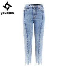2135 Youaxon High Waist Mom Jeans With Irregular Opening Woman Boyfriend Acid Wash Cropped Denim Pants For Women Jeans