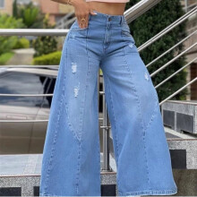 Spring Autumn Womens High Waist Casual Ripped Denim Wide Leg Pants Loose Jeans Female Trousers Jeans