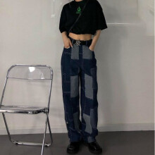 Plaid Breasted Jeans Womens Loose Autumn Spring Harajuku Mens Straight Pants Vintage Patchworked Wide Leg Punk