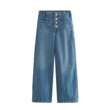 TRAF Autumn Winter High Waist Jeans With Front Patch Pockets Wide-Leg Golden Buttons Trouser Casual Street Wear