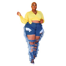Side Tassel Holes Jeans Pencil Pants Women Sexy Distressed Hollow Out Tight Denim Trousers Streetwear