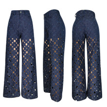 Summer Denim Pants Women Retro Solid Sexy Hole Jeans Ripped Wide Leg Trousers Street Hollow Out High Waist Lady Pants