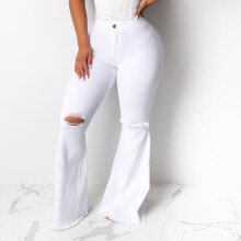 (White Beige-M) Dressmecb Hole Casual Pants For Women Clothing Midi Waist Long Flare Panst Streetwear Autumn Jeans Trousers