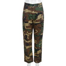 (Camouflage MULTI-M) Autumn Womens Pants Camouflage Loose High Waist Patchwork Button Pockets Straight Trousers Female 19J2042