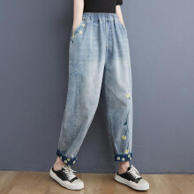 Summer Arts Style Women Elastic Waist Loose Ankle-length Cotton Denim Pants Vintage Embroidery Flower Casual Jeans V454