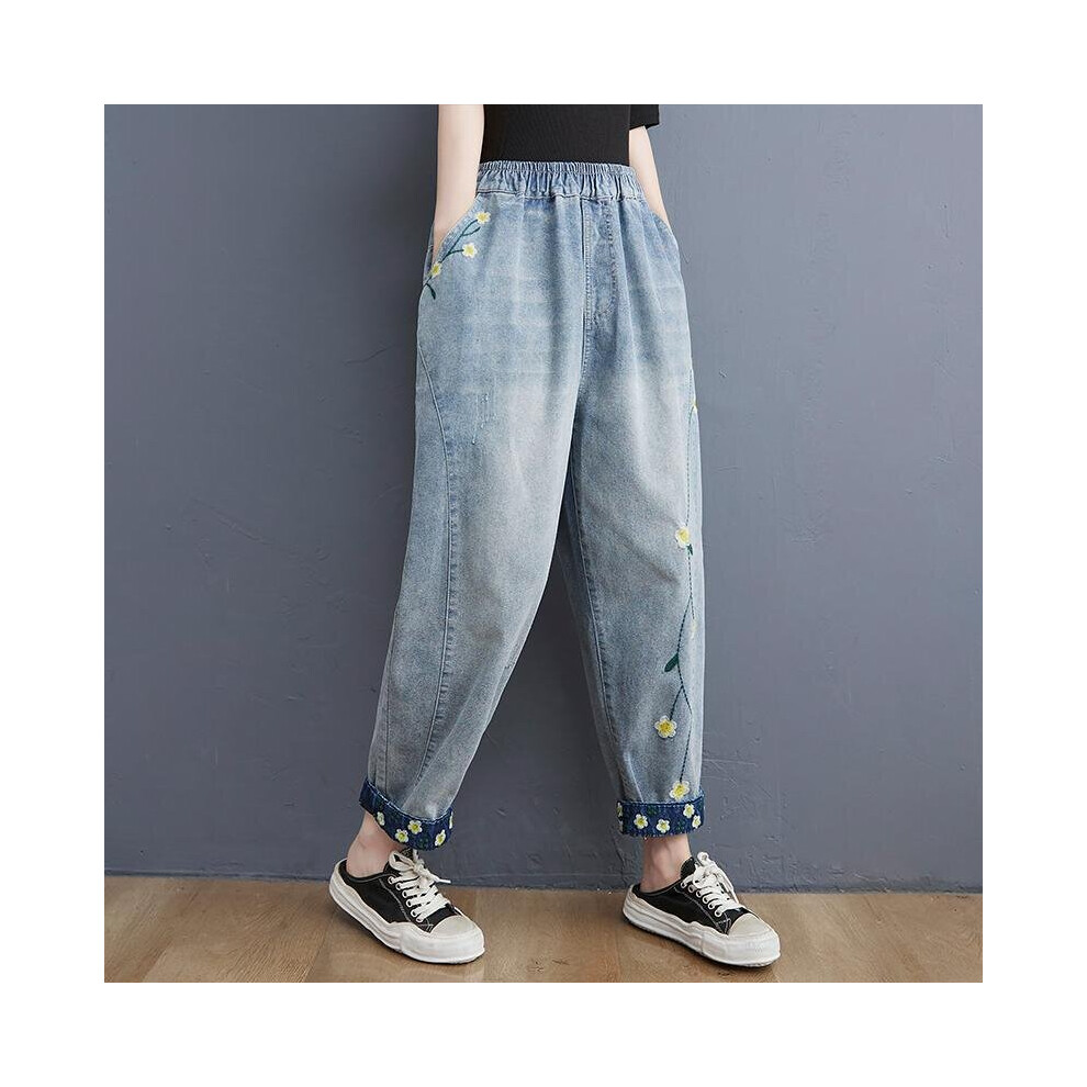 Summer Arts Style Women Elastic Waist Loose Ankle-length Cotton Denim Pants Vintage Embroidery Flower Casual Jeans V454-image-OPC-PBWNJVT-NEW