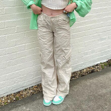 (TGD 656 Beige-L) y2k Low rise waist flare cargo trouser palazzo Wide leg jean female lady women Large size stack pant