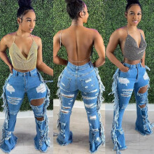 Women Jeans Mid Waist Zipper Fly Ripped Full Length Flare Pants Female High Street Jeans Summer Trousers