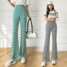 (Khaki Beige-L) Spring/Summer checkered pants women slim casual loose Joker bell bottoms Womens pants High waisted pants