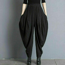 (Black length 98CM Black-L) Vintage Spring And Summer Womens High Waist Pleated Striped Loose Oversized Bloomers Casual Full Length Pants