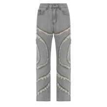 (Gray-S) Retro Distressed Jeans Streetwear Patchwork Pockets Zip Up Denim Pants Women Leisure Mid Waist Straight Trousers