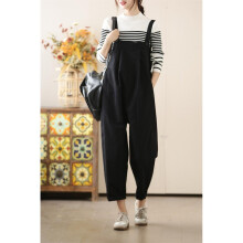 (Black-XL) Autumn Retro Solid Oversized Overalls Womens Loose Casual Temperament Straight Suspender Harem Pants Trousers