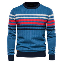 Mens Cotton Sweater Casual Striped O-neck Pullovers Knitted Top Man Autumn and Winter High Streetwear Male Clothes