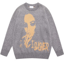Vintage Knitted Sweater Men Women Harajuku Casual Smoking Portrait Pattern Jumpers Autumn Hip Hop Loose Pullover Street Sweater