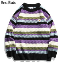RainBow Stripe Sweater Men Harajuku Winter Men Clothing Embroidery Flowers Loose Sweater Pullover Oversized Sweater
