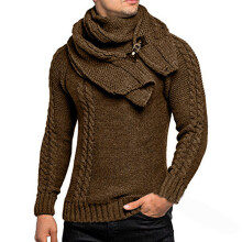 Sweater Men With Scraf Collar Sweaters Mens Slim Knitted Pullovers Autumn Winter Warm Solid Casual Knitwears Male