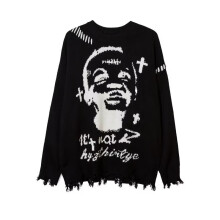 Tattered Knitting Sweater Men Portrait Harajuku Knitted Pullover Hip Hop Vintage Loose Autumn Casual Sweater Men