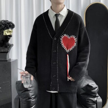 Love Heart Printed Casual Couples Cardigan V-Neck Knitted Loose Oversized Harajuku Sweater Men Streetwear ?????? ????????
