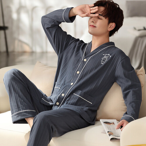 100 Cotton Gauze Male Pajamas Light Crepe Long Sleeve Trousers Pajama Set Striped Lapel Lounge Wear 2 Pieces Spring Sleepwear