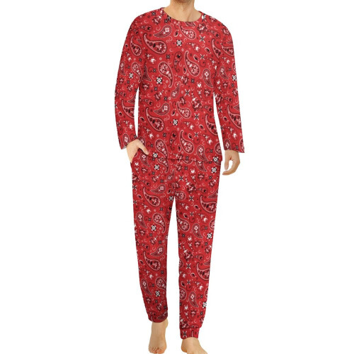 Red Paisley Print Pajamas Vintage Floral Men Long Sleeve Romantic Pajama Sets Two Piece Casual Daily Nightwear Gift