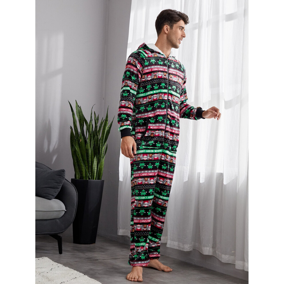 Men Onesie Pajamas Christmas Flannel Costumes Long Sleeve Jumpsuits Winter Grey Print Homewear